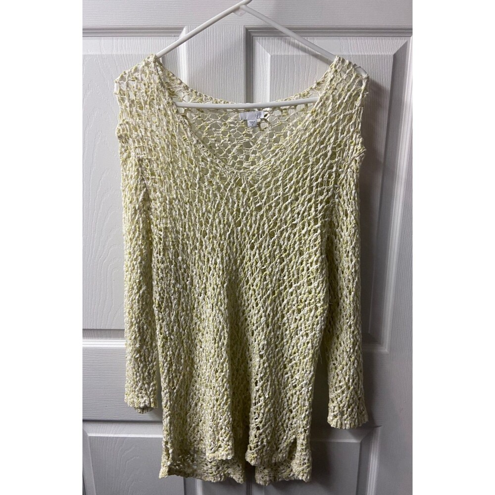 J Jill Pullover Sweater Womens Medium Celedon Green White Open Knit V Neck
